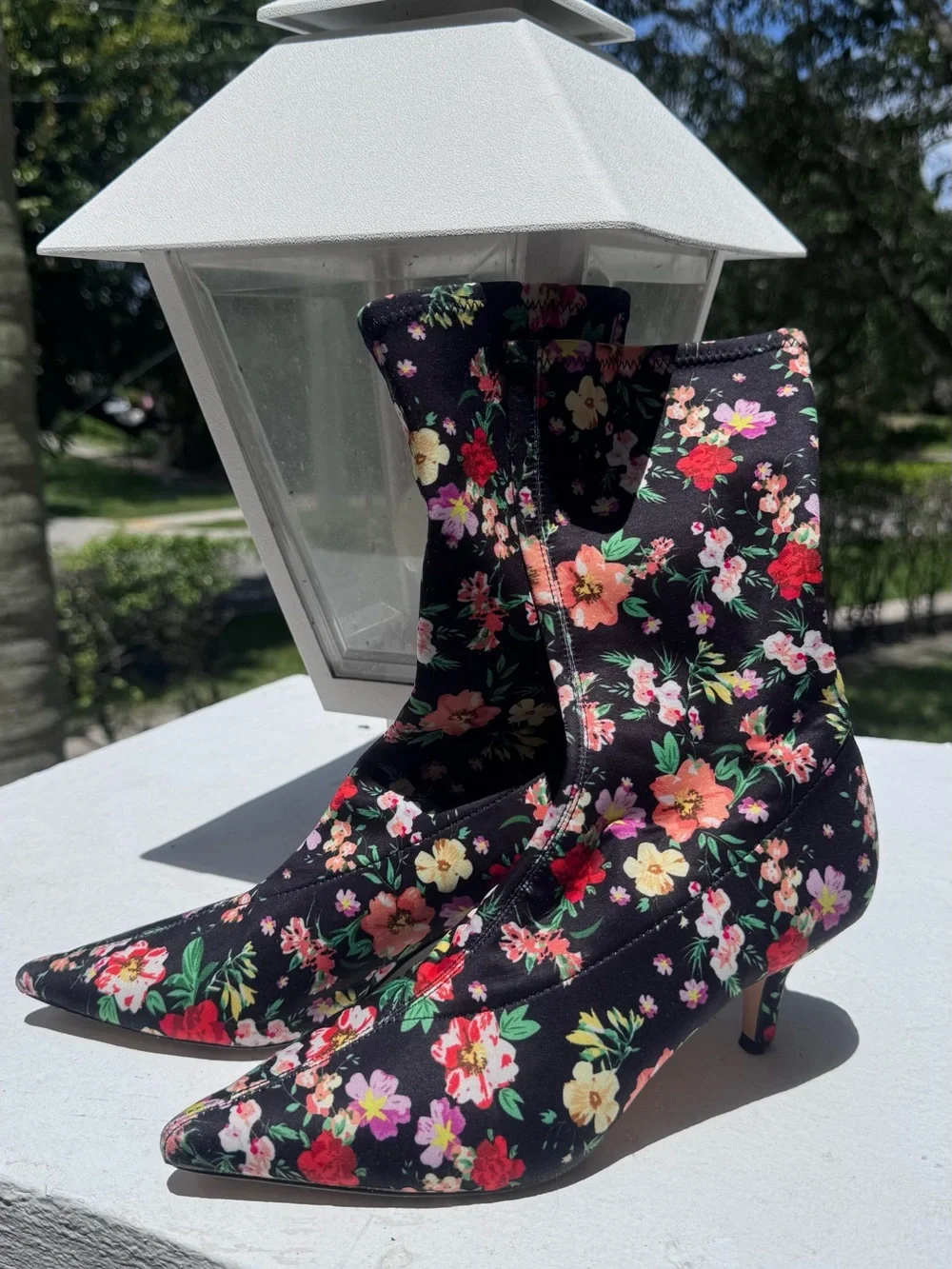 Steve Madden Black Floral Sock Booties with Chain Accent
